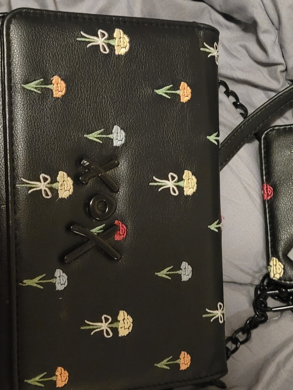 Betsy Johnson XO Black Flower Embroidered Crossbody Bag And Wallet Set